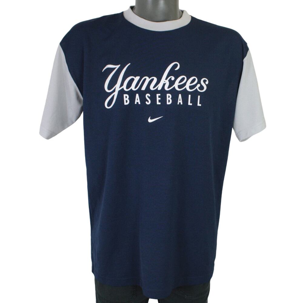 Vintage Nike New York Yankees Script Spellout T Shirt Blue Mens Large MLB